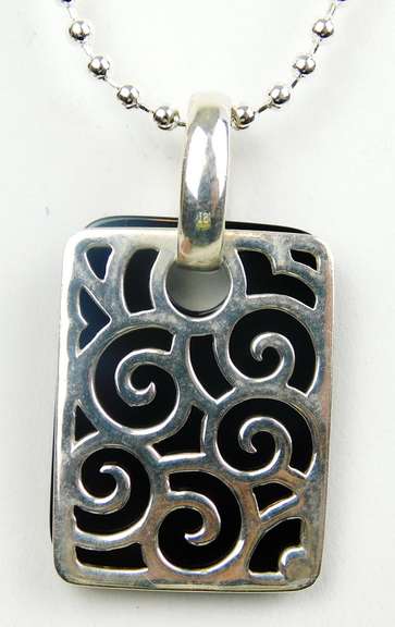 Sterling Filigree & Black Onyx Slide Pendant & Chain