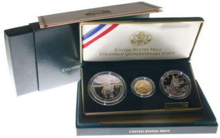 1992 Columbus 3-Coin Proof Set with $5 Gold Piece. COA