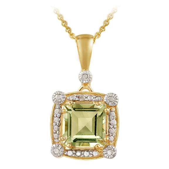 18K Gold over Sterling Silver 2.35ct Green Amethyst & Diamond Accent Square Pendant