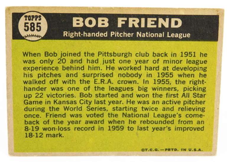 Bob Friend National League All-Star Baseball Card