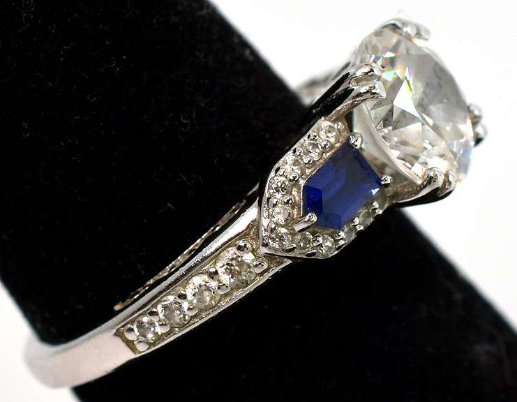 Sterling Silver CZ Cocktail Ring With Blue Stone
