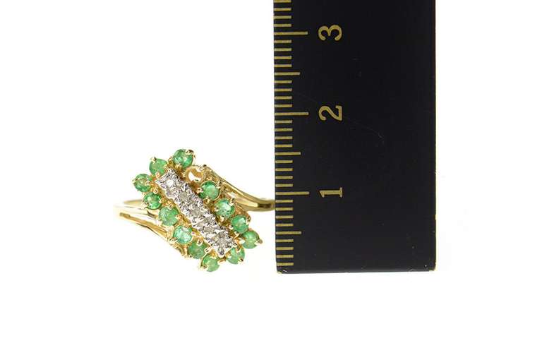 14K Yellow Gold Emerald Halo Diamond Diagonal Cluster Ring