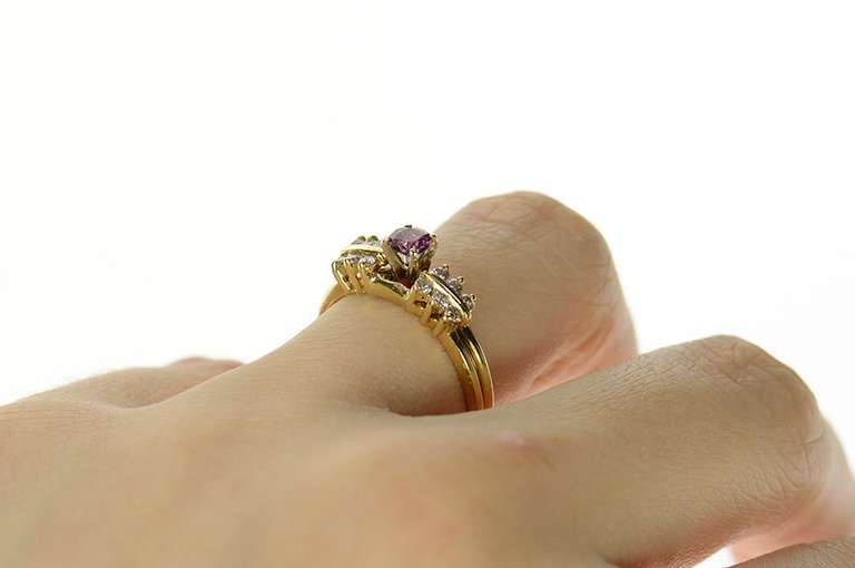 14K Yellow Gold Oval Syn. Pink Sapphire Diamond Bridal Set Ring