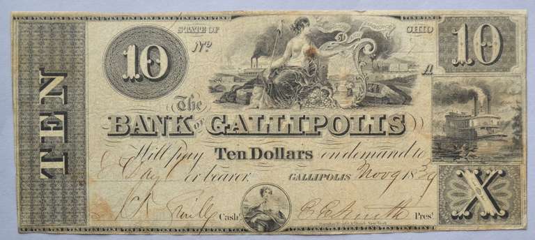 $ 10 Bank Of Gallopolis Ohio 1839 Note