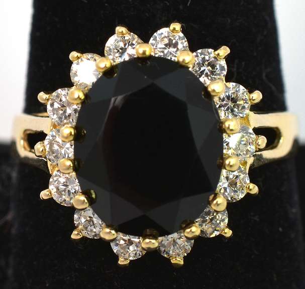 Striking Black Garnet and CZ Halo Ring in Yellow Gold