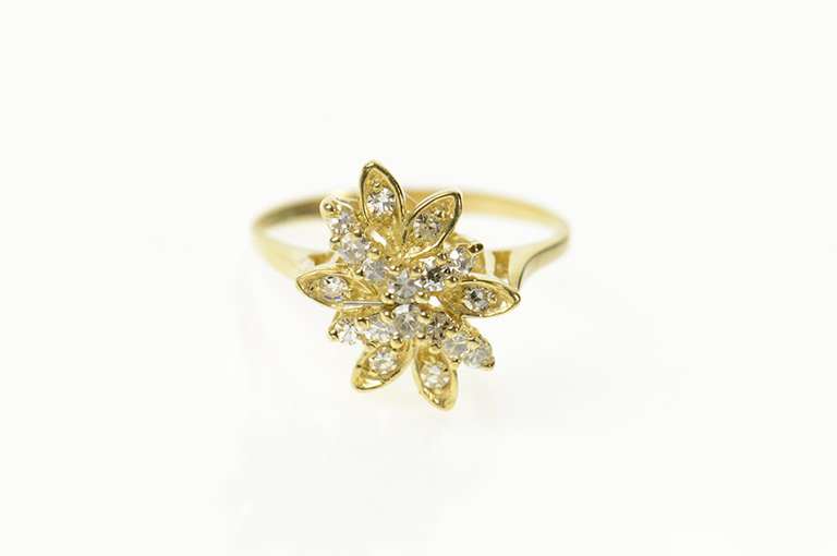 10K Yellow Gold Floral Ornate Diamond Cluster Statement Ring