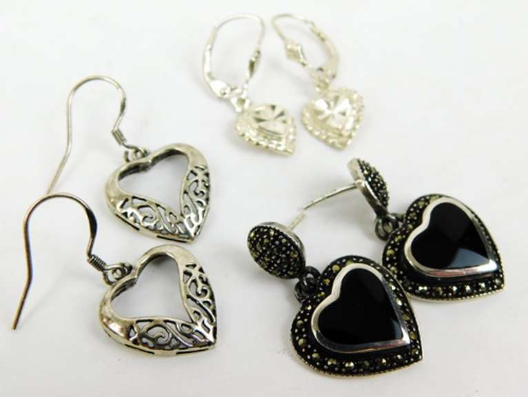 3 Pairs Sterling Silver Heart Earrings