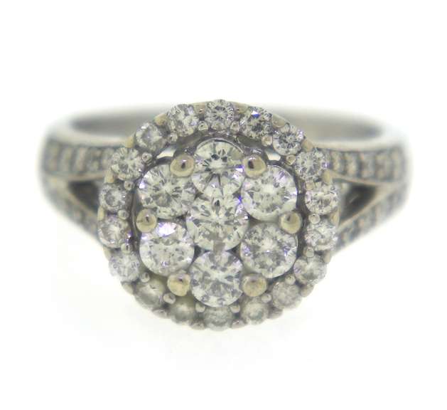 Captivating 14kt WG RBC Diamond Circle Cluster Halo Ring