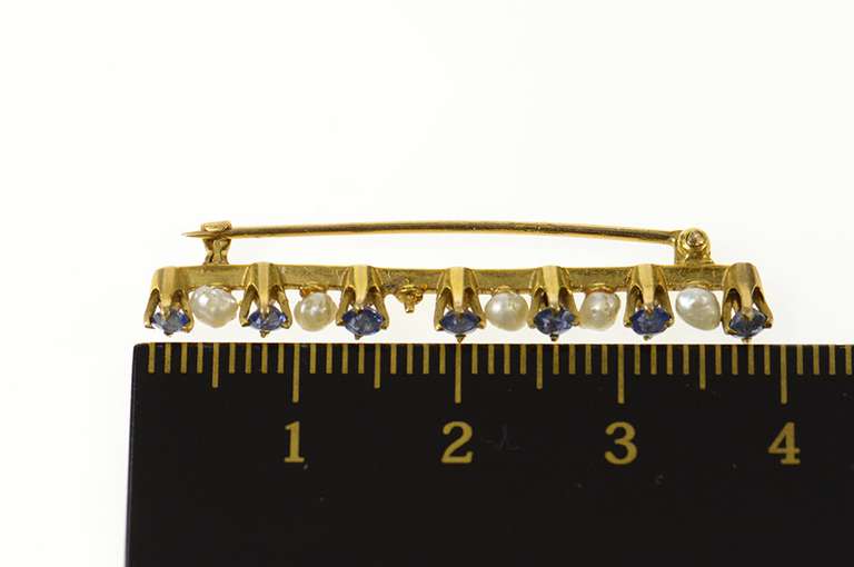 10K Yellow Gold Victorian Sim. Sapphire Pearl Classic Bar Pin/Brooch