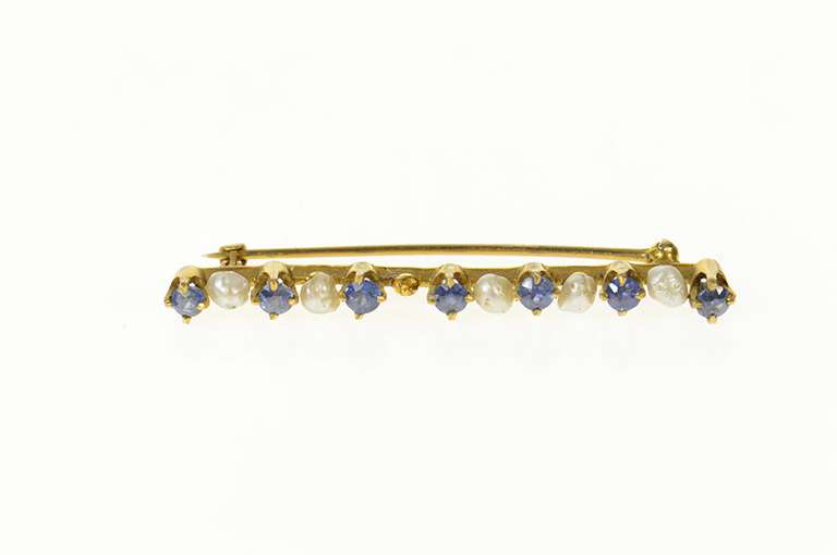 10K Yellow Gold Victorian Sim. Sapphire Pearl Classic Bar Pin/Brooch