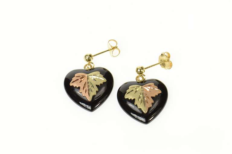 14K Yellow Gold Heart Black Onyx Black Hills Leaf Dangle Earrings