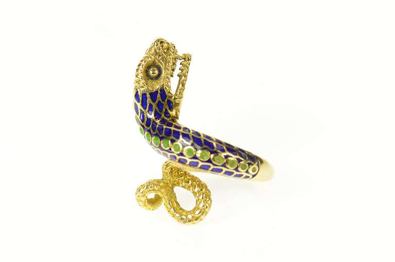 18K Yellow Gold Green Blue Enamel Victorian Snake Serpent Ring