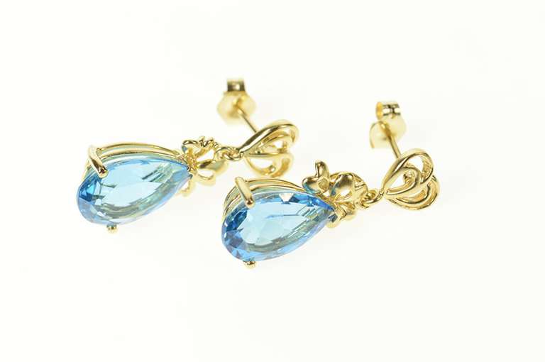 14K Yellow Gold Pear Blue Topaz Classic Dangle Statement Earrings