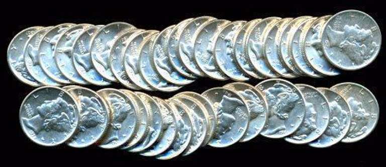 Roll of 50 AU/BU Mercury Dimes from 1930's and 1940's