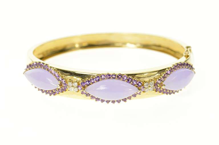 14K Yellow Gold Jade Amethyst Halo Diamond Cluster Bangle Bracelet