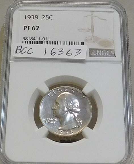 1938 PROOF Wash Qtr NGC PF-62 Brilliant