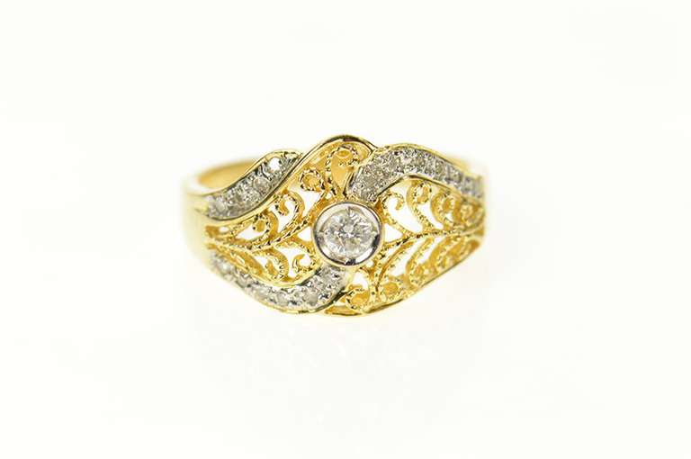 14K Yellow Gold Diamond Ornate Filigree Swirl Engagement Ring