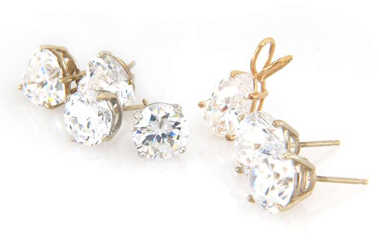 Beautiful 14kt WG Set of 3 CZ Studs and CZ Pendant