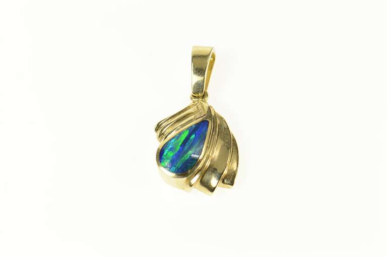 14K Yellow Gold Pear Black Opal Inlay Grooved Statement Pendant