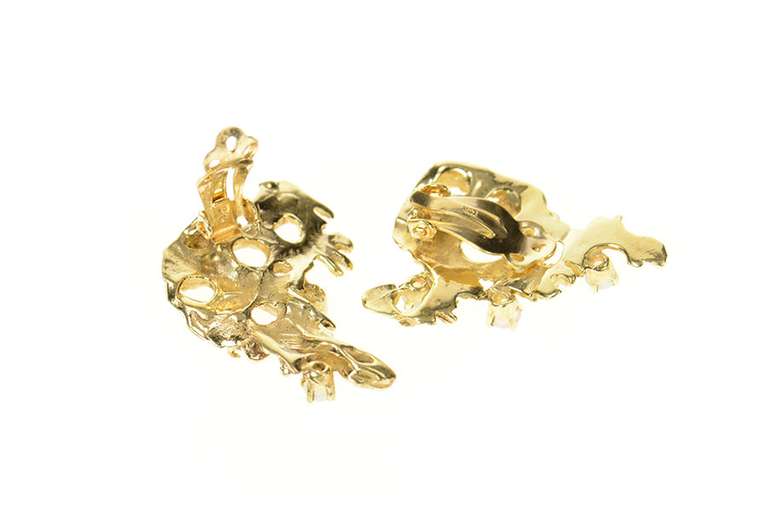 14K Yellow Gold Retro Opal Brutalist Abstract Clip Back Earrings