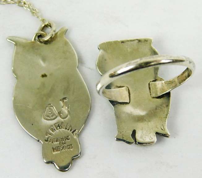 Sterling Enamel & Gemstone Owl Necklace & Ring