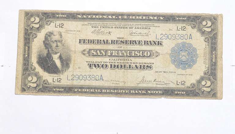 1914 $2 Federal Reserve Bank San Francisco National Currency - Large