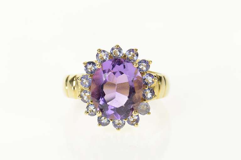 10K Yellow Gold Amethyst Tanzanite Halo Cocktail Statement Ring