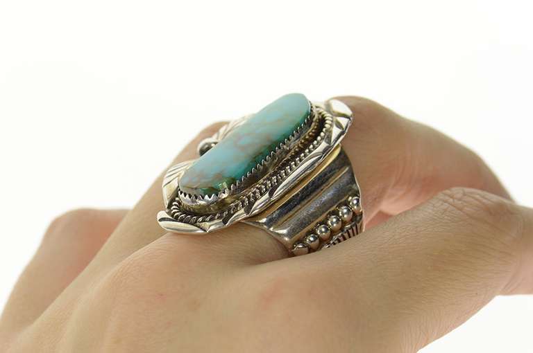 Sterling Silver Men's Native American Turquoise Feather Ring