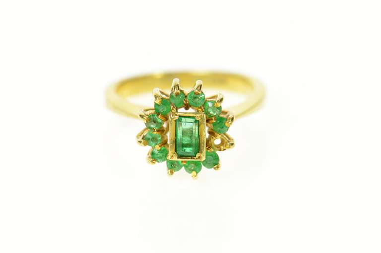 18K Yellow Gold Natural Emerald Halo Retro Statement Cocktail Ring