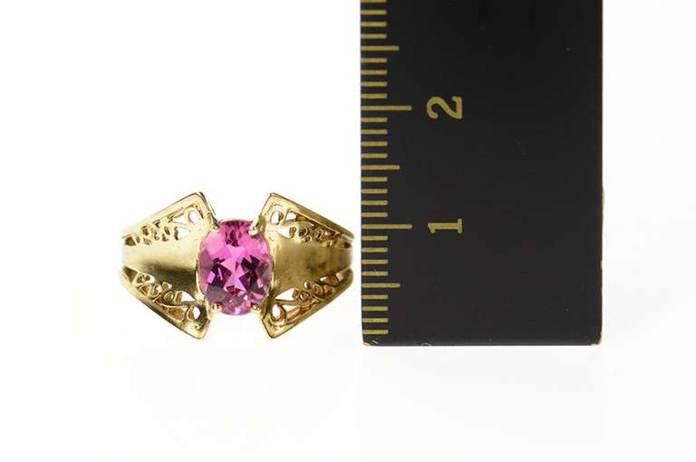 10K Yellow Gold Graduated Filigree Trim Oval Pink Tourmaline Ring