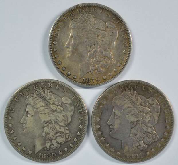1879, 1880-O, & 1881 Morgan Silver Dollars. Nice circs