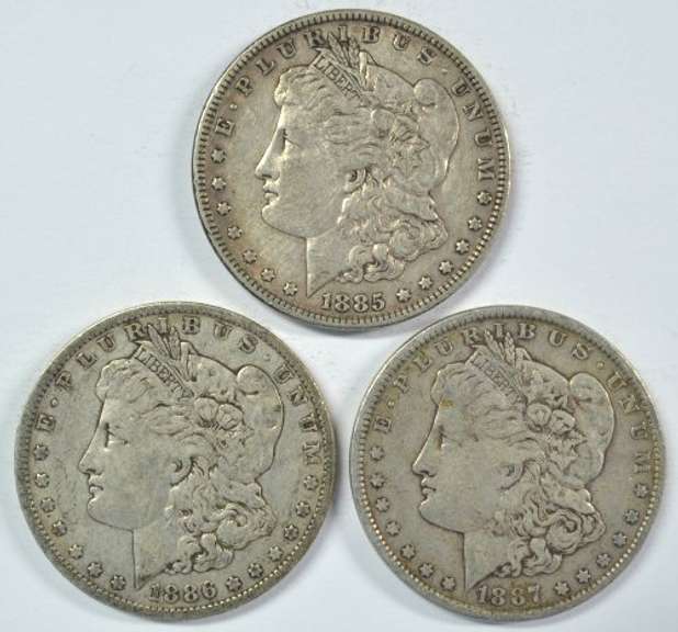 1885, 1886-O, & 1887 Morgan Silver Dollars. Nice circs
