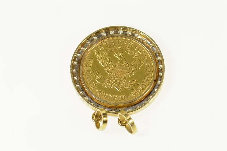 18K Yellow Gold 1899 Liberty Head Half Eagle $5 Coin Diamond Pendant