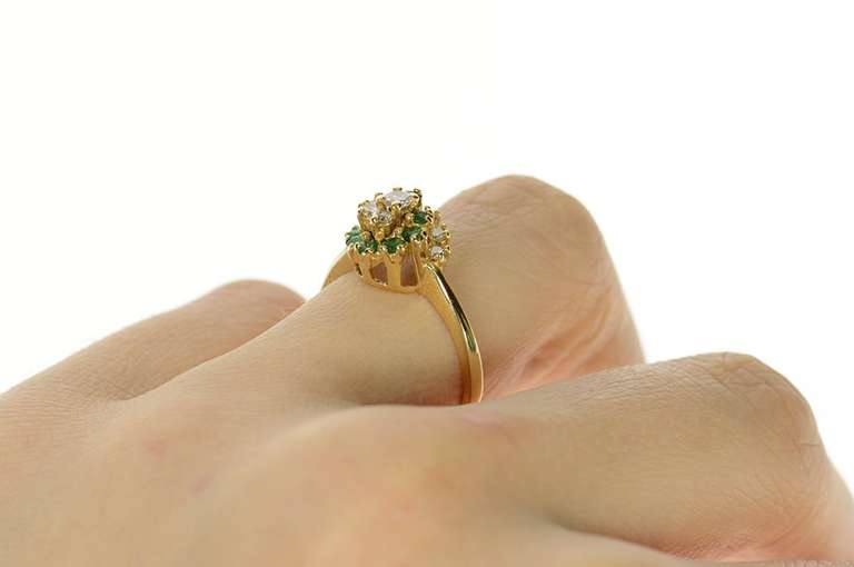 14K Yellow Gold Retro 1950's Diamond Emerald Swirl Ring