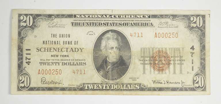 1929 $20 Schenectady, New York United States National Currency