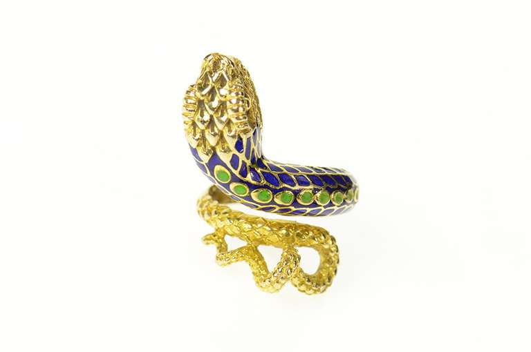 18K Yellow Gold Green Blue Enamel Victorian Snake Serpent Ring