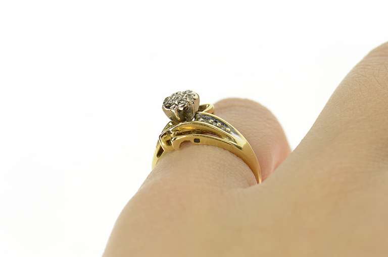10K Yellow Gold Round Diamond Cluster Bypass Statement Ring