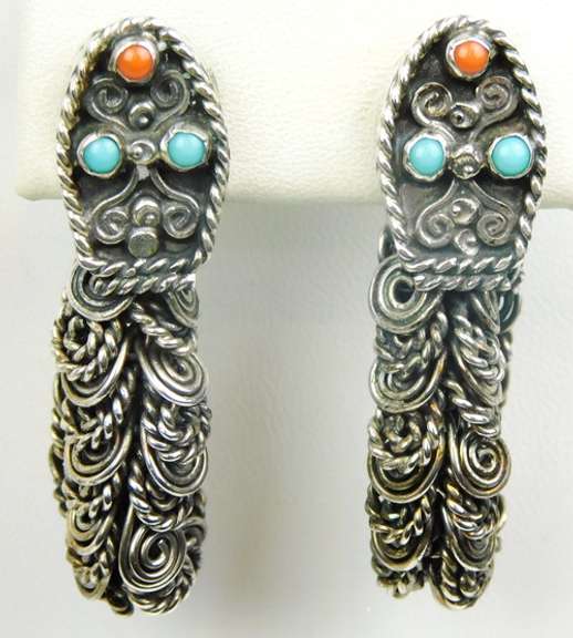 Vintage Escorcia .950 Sterling Turquoise/Coral Snake Earrings