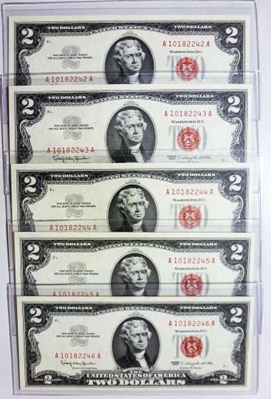 (5) Gem Crisp 1963 $2 Red Seal Notes-Consecutive Serial Numbers Nice Notes!