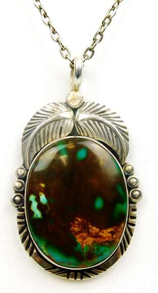 Signed JB Navajo Sterling Turquoise Pendant & Chain