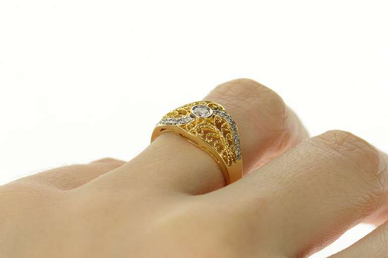14K Yellow Gold Diamond Ornate Filigree Swirl Engagement Ring