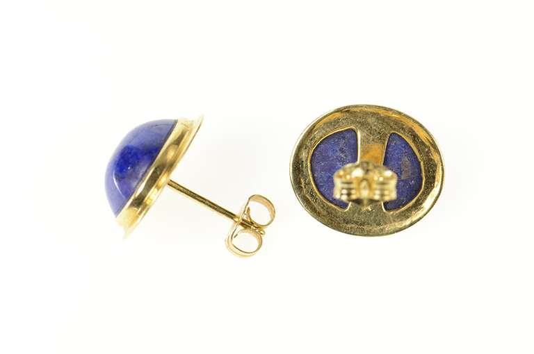 14K Yellow Gold Round Lapis Lazuli Cabochon Statement Earrings