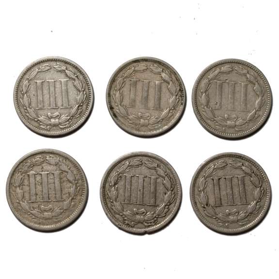 1865 66 68 70 72 74 3 Cent Nickels