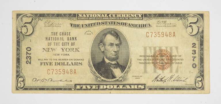 1929 $5 New York, New York United States National Currency