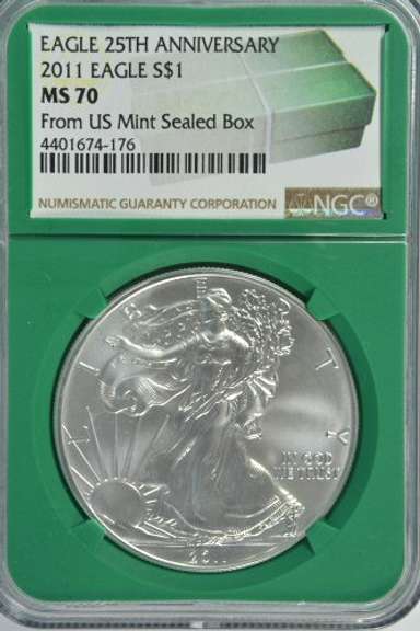 Perfect 2011 25th Anniv $1 Eagle. NGC MS70 Mint Sealed Box