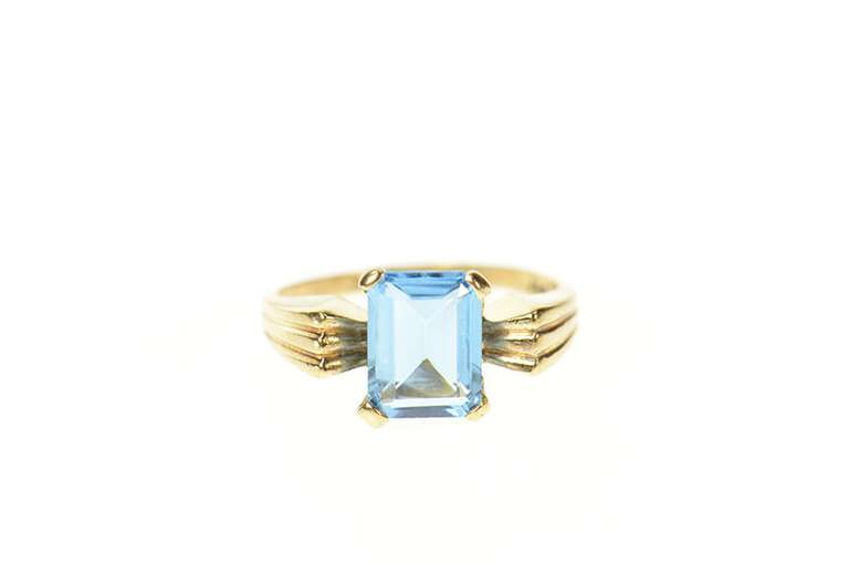 10K Yellow Gold Emerald Cut Blue Topaz Solitaire Statement Ring