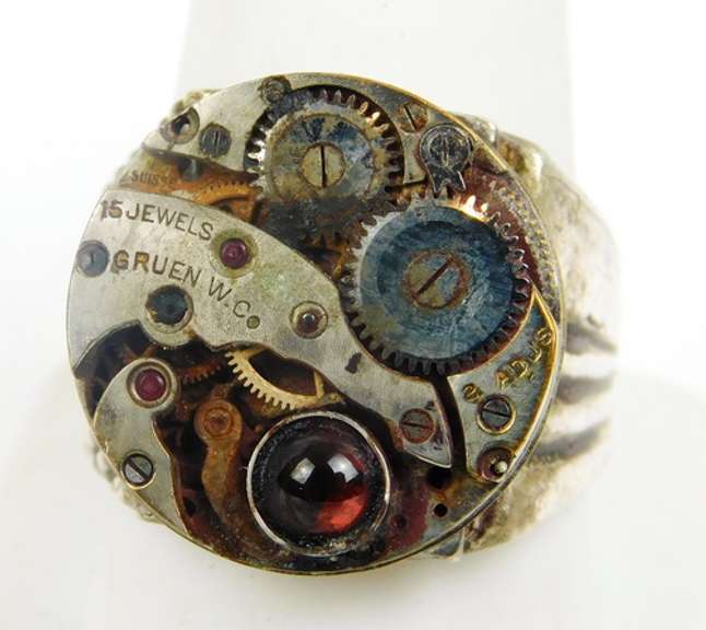 Heavy Sterling Ring with Watch Movement, 10.75