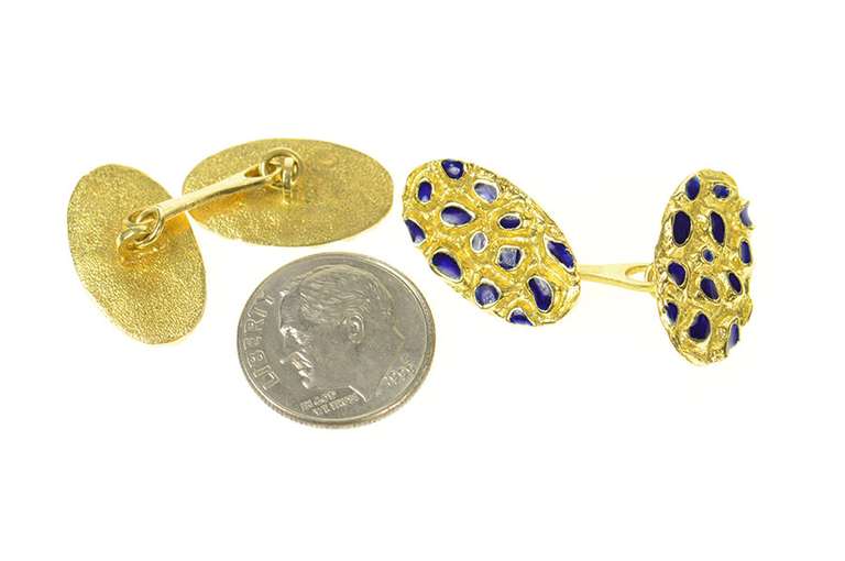 18K Yellow Gold Retro 1960's Textured Nugget Blue Enamel Cuff Links
