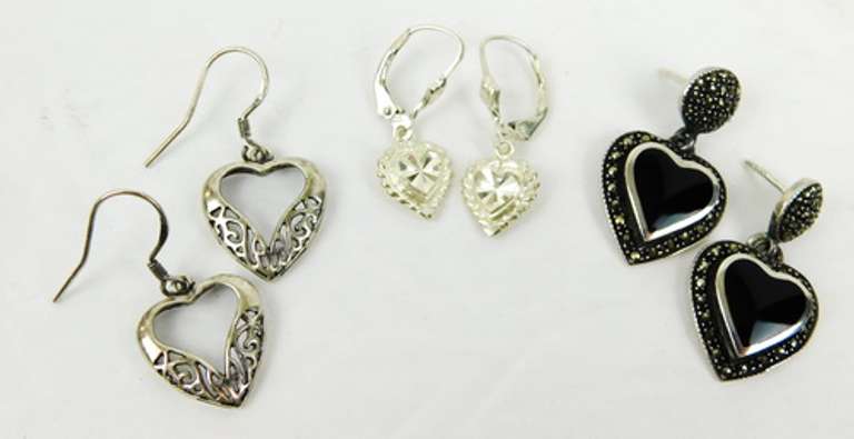 3 Pairs Sterling Silver Heart Earrings