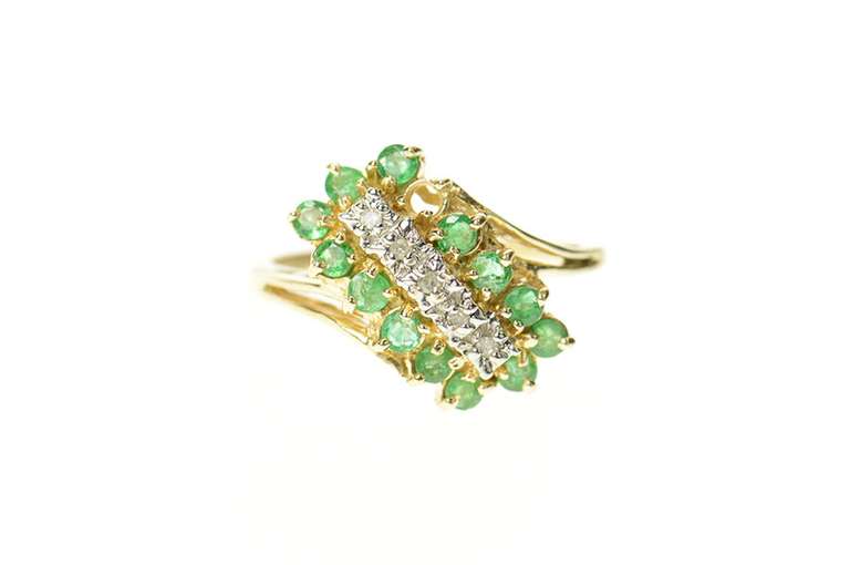 14K Yellow Gold Emerald Halo Diamond Diagonal Cluster Ring